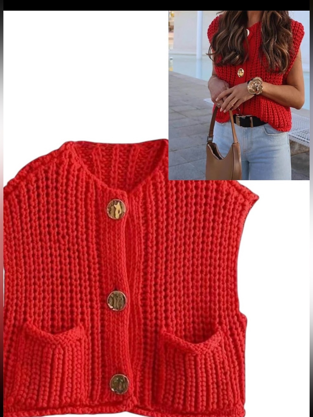 Red Chunky Knit Button-Front Women’s Sweater Vest